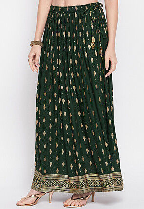 Foil Printed Rayon Skirt in Dark Green