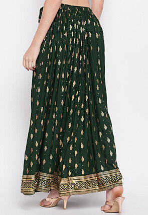 Foil Printed Rayon Skirt in Dark Green