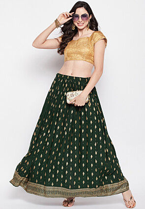 Foil Printed Rayon Skirt in Dark Green