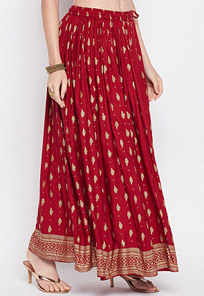Foil Printed Rayon Skirt in Maroon