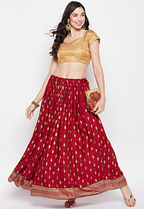 Foil Printed Rayon Skirt in Maroon