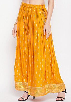 Foil Printed Rayon Skirt in Mustard