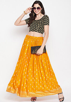 Foil Printed Rayon Skirt in Mustard