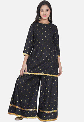 Foil Printed Rayon Straight Kurta Set in Black