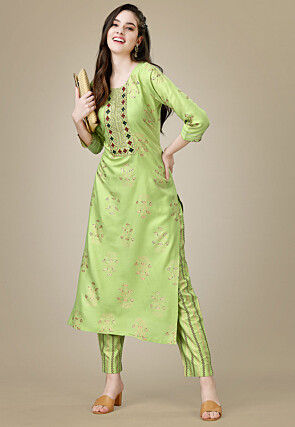 Foil Printed Rayon Straight Kurta Set in Light Green