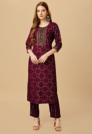 Foil Printed Rayon Straight Kurta Set in Magenta