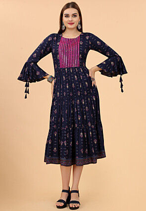Foil Printed Rayon Tiered Dress in Navy Blue