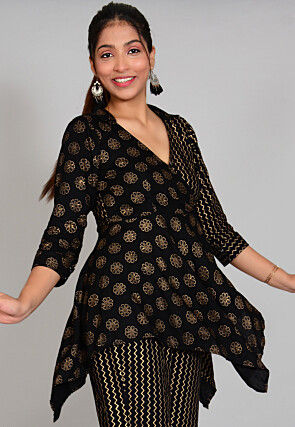 Foil Printed Rayon Wrap Around Top in Black