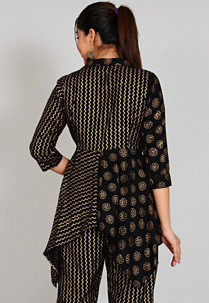 Foil Printed Rayon Wrap Around Top in Black