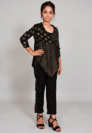Foil Printed Rayon Wrap Around Top Set in Black
