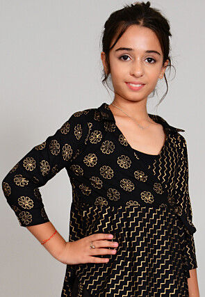 Foil Printed Rayon Wrap Around Top Set in Black