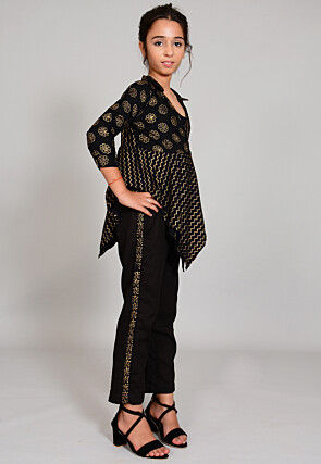 Foil Printed Rayon Wrap Around Top Set in Black