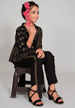 Foil Printed Rayon Wrap Around Top Set in Black