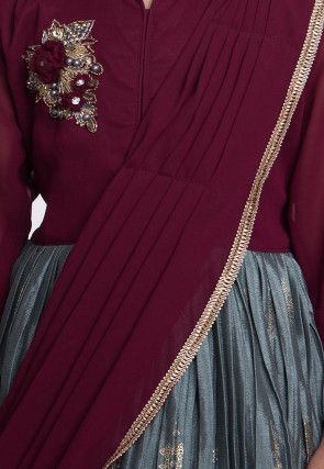 Foil Printed Satin Gown with Attachable Dupatta in Grey