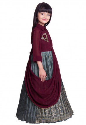 Foil Printed Satin Gown with Attachable Dupatta in Grey