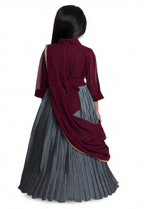 Foil Printed Satin Gown with Attachable Dupatta in Grey