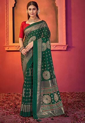Foil Printed Satin Saree in Dark Green