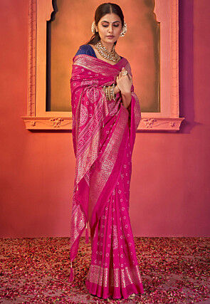 Foil Printed Satin Saree in Fuchsia
