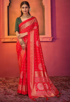 Foil Printed Satin Saree in Red
