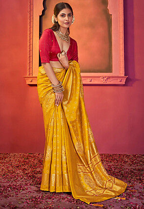 Foil Printed Satin Saree in Yellow