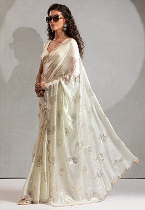 Foil Printed Satin Scalloped Saree in Off White