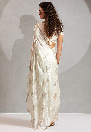 Foil Printed Satin Scalloped Saree in Off White
