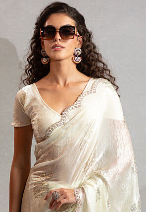 Foil Printed Satin Scalloped Saree in Off White