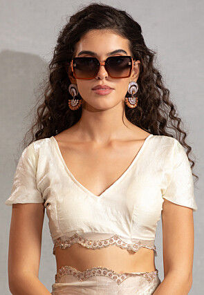 Foil Printed Satin Scalloped Saree in Off White