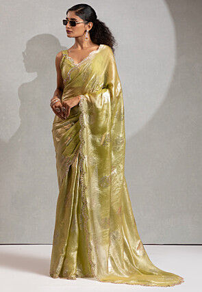 Foil Printed Satin Scalloped Saree in Olive Green