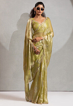 Foil Printed Satin Scalloped Saree in Olive Green