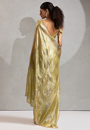 Foil Printed Satin Scalloped Saree in Olive Green