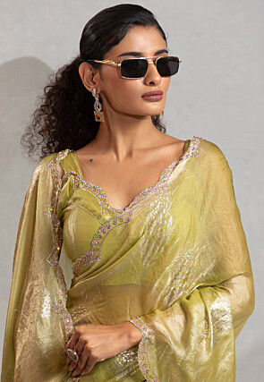 Foil Printed Satin Scalloped Saree in Olive Green