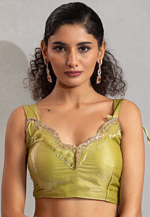 Foil Printed Satin Scalloped Saree in Olive Green