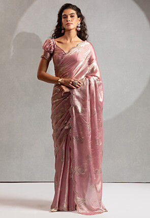 Foil Printed Satin Scalloped Saree in Pink