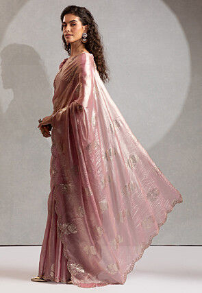 Foil Printed Satin Scalloped Saree in Pink