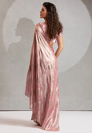 Foil Printed Satin Scalloped Saree in Pink