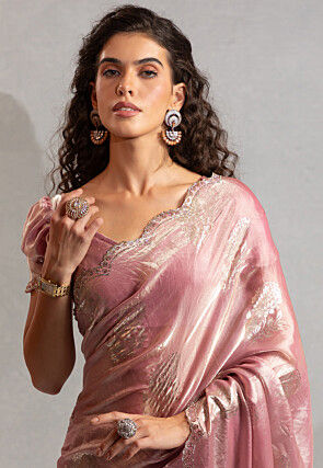 Foil Printed Satin Scalloped Saree in Pink