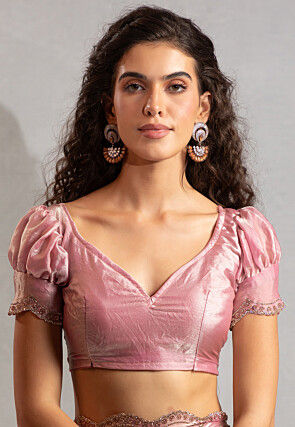 Foil Printed Satin Scalloped Saree in Pink