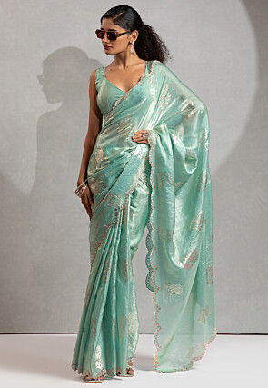 Foil Printed Satin Scalloped Saree in Sea Green