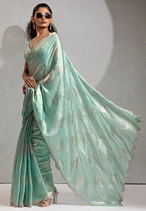Foil Printed Satin Scalloped Saree in Sea Green