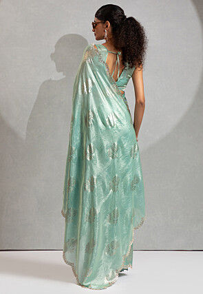 Foil Printed Satin Scalloped Saree in Sea Green