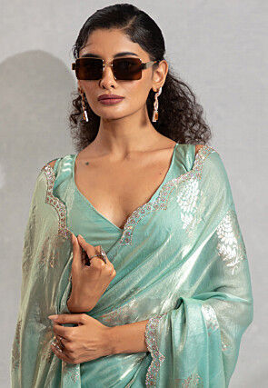 Foil Printed Satin Scalloped Saree in Sea Green