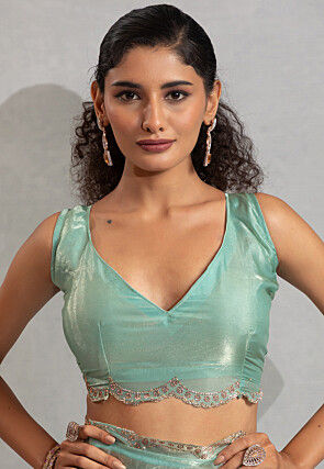 Foil Printed Satin Scalloped Saree in Sea Green