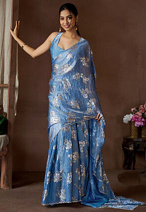 Foil Printed Satin Silk Scalloped Saree in Light Blue
