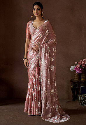 Foil Printed Satin Silk Scalloped Saree in Pink