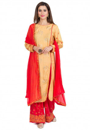 Foil Printed Side Slit Muslin Silk Pakistani Suit in Light Orange