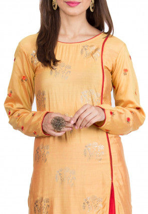 Foil Printed Side Slit Muslin Silk Pakistani Suit in Light Orange