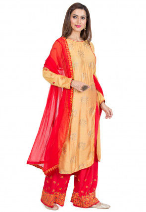 Foil Printed Side Slit Muslin Silk Pakistani Suit in Light Orange