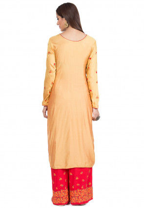 Foil Printed Side Slit Muslin Silk Pakistani Suit in Light Orange