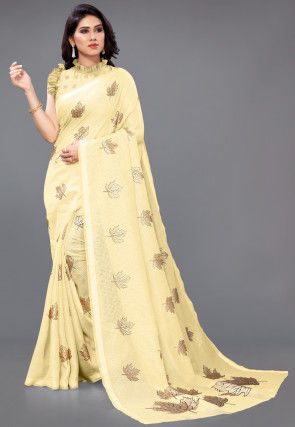 Foil Printed Supernet Saree in Light Yellow